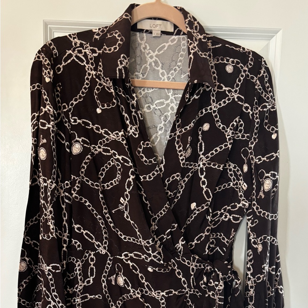 Brown and White Chain Print Wrap Dress